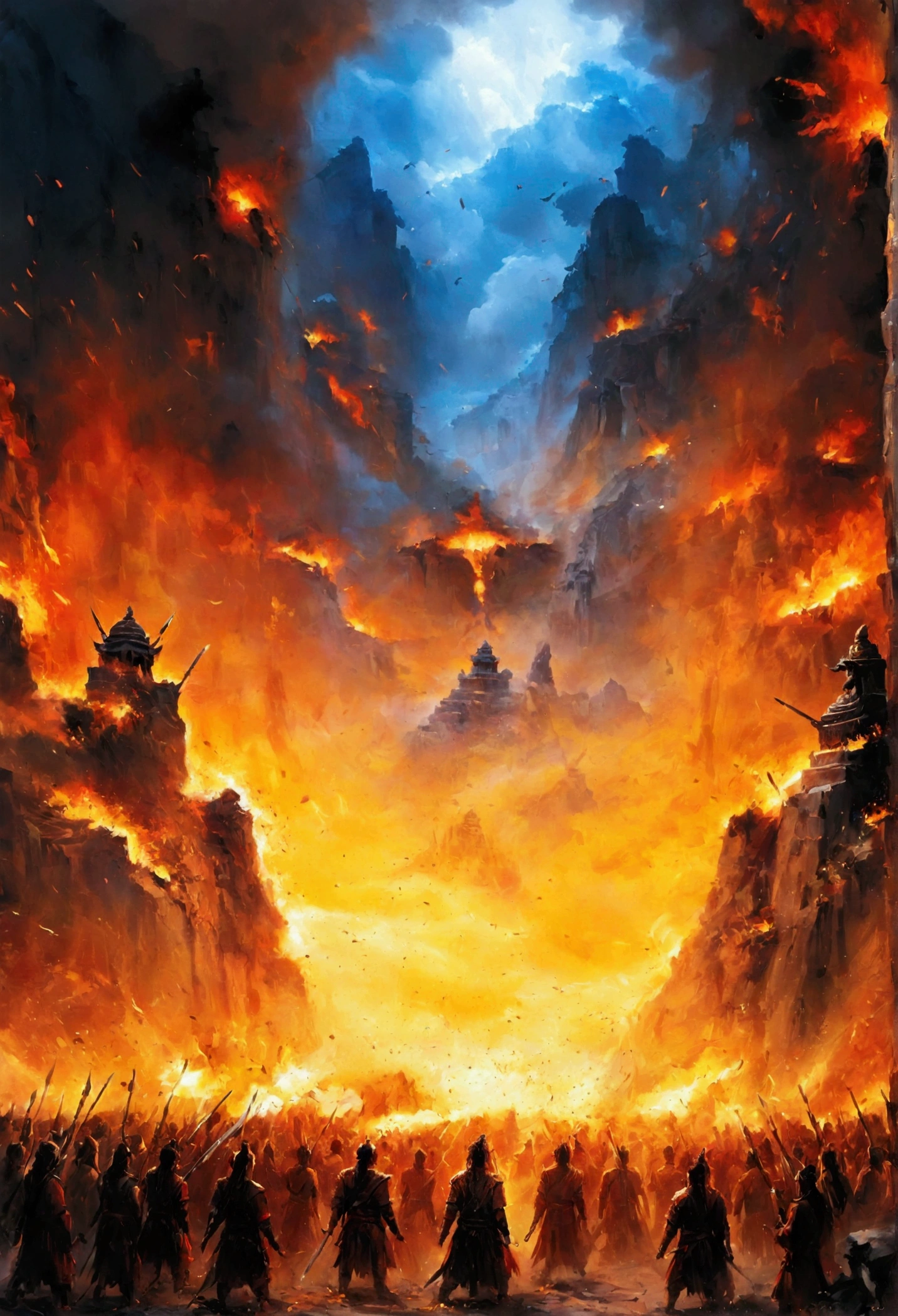 Create a vivid and intense scene of a burning battlefield, drawing inspiration from the epic battles depicted in the Indian sacred texts like the Mahabharata and the Ramayana. The scene should capture the chaos and grandeur of an ancient war, with warriors clad in traditional armor, wielding swords, bows, and magical weapons. The landscape is ablaze with fire, casting an orange glow over the battlefield. In the background, majestic temples and ancient structures stand as silent witnesses to the clash. The sky is dark with smoke and ash, and mythical creatures and divine beings can be seen amidst the turmoil, adding an ethereal and mystical element to the scene. Emphasize the dramatic and epic nature of the battle, with dynamic poses and expressive faces of the warriors