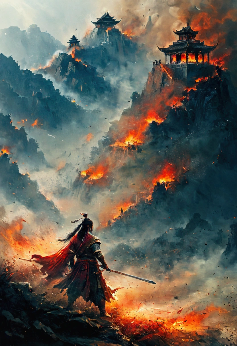 Create a vivid and intense scene of a burning battlefield, drawing inspiration from the epic battles depicted in the Indian sacred texts like the Mahabharata and the Ramayana. The scene should capture the chaos and grandeur of an ancient war, with warriors clad in traditional armor, wielding swords, bows, and magical weapons. The landscape is ablaze with fire, casting an orange glow over the battlefield. In the background, majestic temples and ancient structures stand as silent witnesses to the clash. The sky is dark with smoke and ash, and mythical creatures and divine beings can be seen amidst the turmoil, adding an ethereal and mystical element to the scene. Emphasize the dramatic and epic nature of the battle, with dynamic poses and expressive faces of the warriors