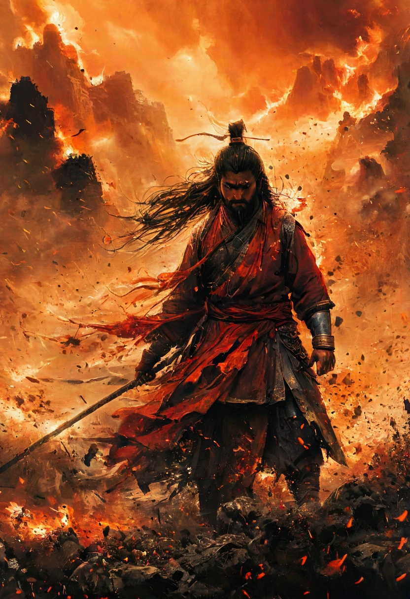 Create a vivid and intense scene of a burning battlefield, drawing inspiration from the epic battles depicted in the Indian sacred texts like the Mahabharata and the Ramayana. The scene should capture the chaos and grandeur of an ancient war, with warriors clad in traditional armor, wielding swords, bows, and magical weapons. The landscape is ablaze with fire, casting an orange glow over the battlefield. In the background, majestic temples and ancient structures stand as silent witnesses to the clash. The sky is dark with smoke and ash, and mythical creatures and divine beings can be seen amidst the turmoil, adding an ethereal and mystical element to the scene. Emphasize the dramatic and epic nature of the battle, with dynamic poses and expressive faces of the warriors