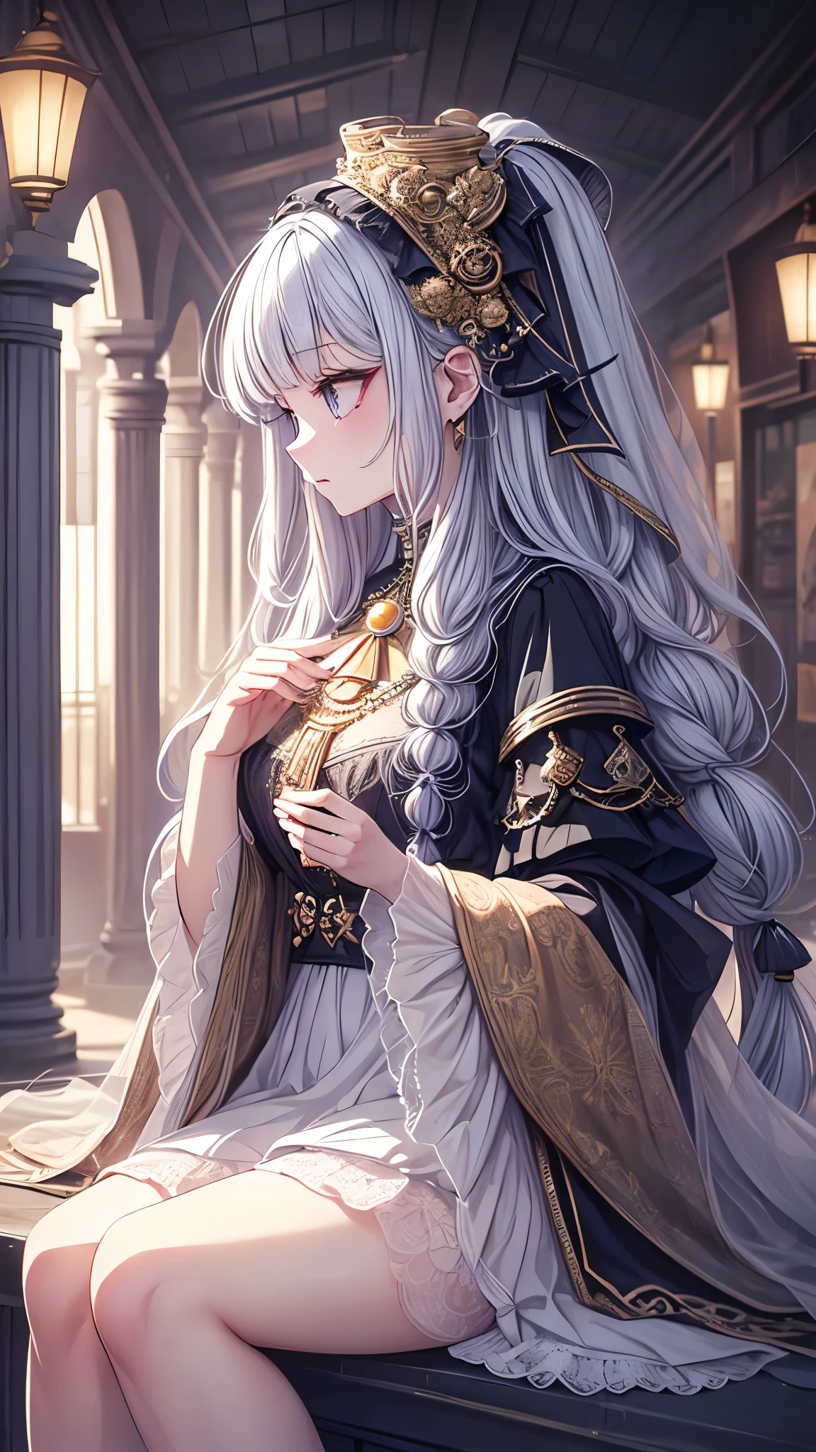 ((best quality)), ((masterpiece)), (detailed), une fille, visage parfait, cheveux longs, ((golden hair)), curly hair, decorated cheveux, yeux bleus ultramarin,((((Obra maestra, La mejor calidad, ultra-high resolution)))), 1girl, sitting, ((bl Jewel-tone dress:1)), low costume, ((ethereallong dreadlocks)), ((clear fair complexion)), (((normal eyes:0.9, detailed face, pearl eyes:0.8))), lifted hands, overhead perspective, three-quarter view, looking towards the celestial sky, grand lighting, night scene, stars & moon as background, beautiful wearable accessories, medium breasts, thoughtful expression, hands holding lute, 30 years old, side profile, aloof, introspective, twisted L-shape