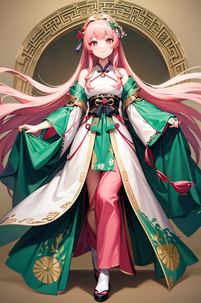 A woman in a pink dress with a flower crown on her head, Hanfu, palace , a girl in Hanfu, ancient Chinese Princess, Beautiful Fantasy Empress, Ancient Chinese Art Styles, Princess of an ancient Asian dynasty, Empress of China, white Hanfu, Chinese Princess,Look down,