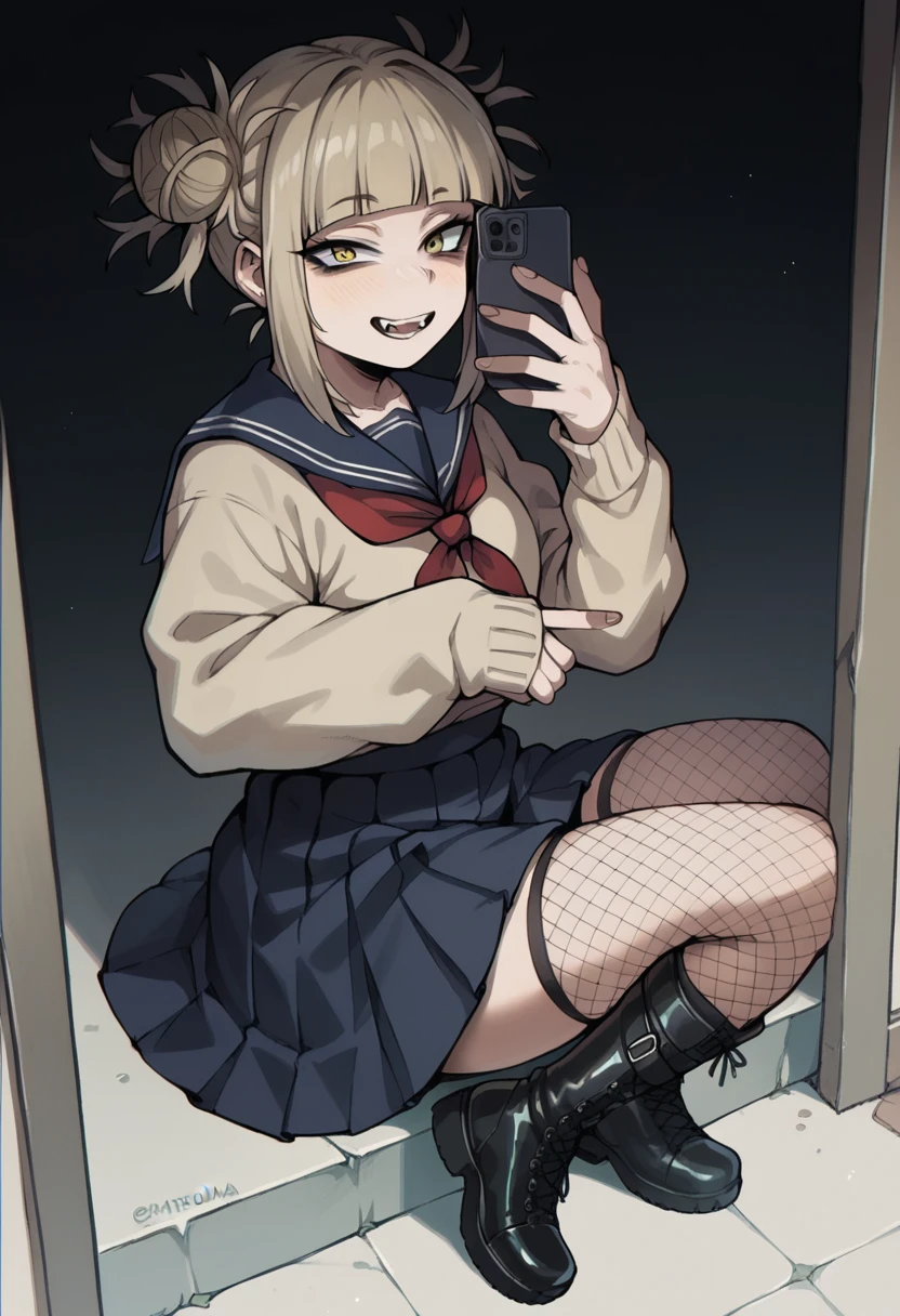 Himiko Toga wearing black with black skirt, black fishnet stockings and black boots taking a selfie (whole body)