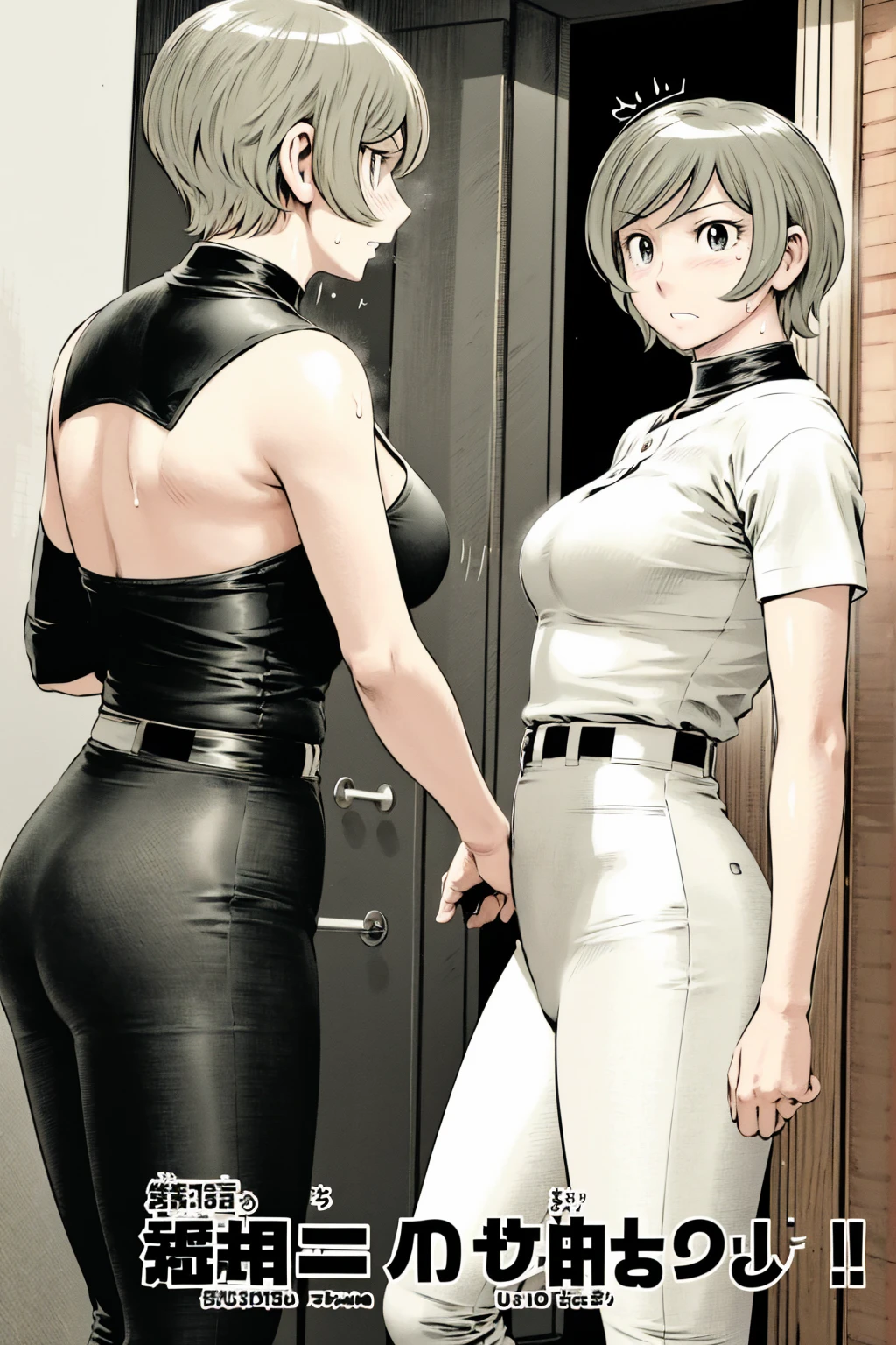 、(masterpiece、Highest quality)、Highest quality, Ultra-high resolution, (((masterpiece))), alone, Sweat、Big eyes,Tight black shirt、Tight white pants、belt、indoor、Composition from the front、（Cut the back hair short、short hair、blonde、woman）、Shortcuts、Embarrassed face、Cut your hair short、可愛いwomanの子、Big Breasts、office