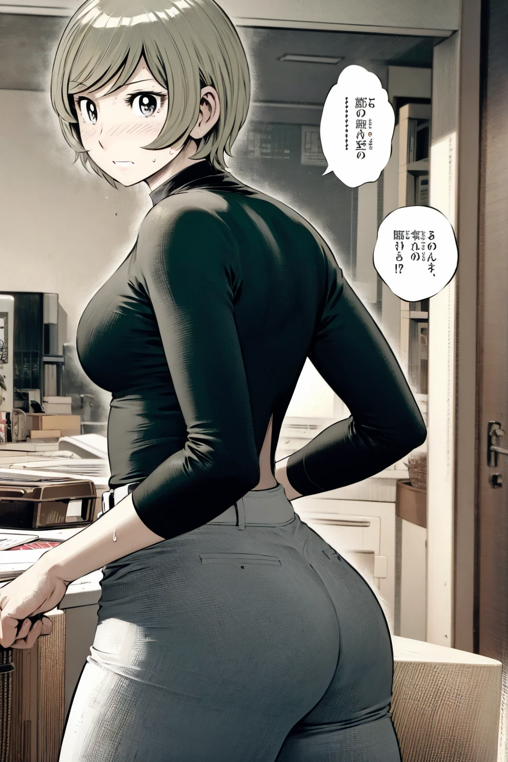 、(masterpiece、Highest quality)、Highest quality, Ultra-high resolution, (((masterpiece))), alone, Sweat、Big eyes,Tight black shirt、Tight white pants、belt、indoor、Composition from the front、(Cut the back hair short、short hair、blonde、woman)、Shortcuts、Embarrassed face、Cut your hair short、可愛いwomanの子、Big Breasts、office