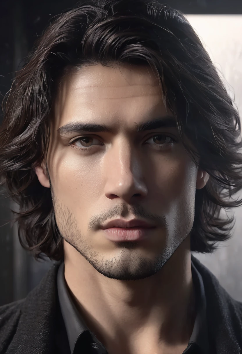 1 man, inside a dark house, wearing clothes in dark colors, simple and modern, detailed facial features, masculine eyes, detailed light skin, wavy medium-length dark hair, strong and serious expression, dramatic lighting, cinematic composition, cold and dark, atmospheric fog, handsome face, thin chin, handsome man, masculine and handsome, 25 years old (best quality, 4K, 8K, high resolution, art: 1.2), ultra-detailed, (realistic, photorealistic, photorealistic: 1.37 )