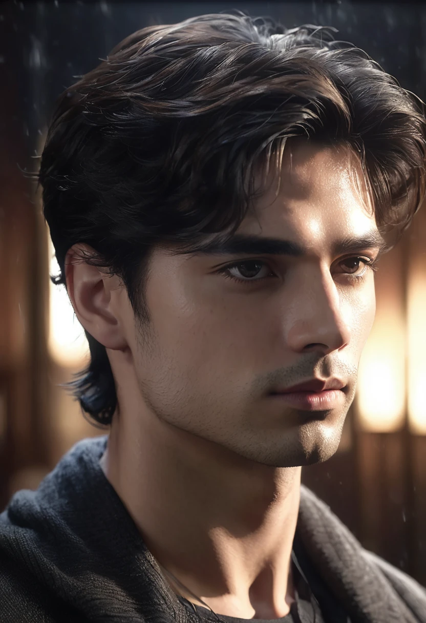 1 man, inside a dark house, wearing clothes in dark colors, simple and modern, detailed facial features, masculine eyes, detailed light skin, wavy medium-length dark hair, strong and serious expression, dramatic lighting, cinematic composition, cold and dark, atmospheric fog, handsome face, thin chin, handsome man, masculine and handsome, 25 years old (best quality, 4K, 8K, high resolution, art: 1.2), ultra-detailed, (realistic, photorealistic, photorealistic: 1.37 )