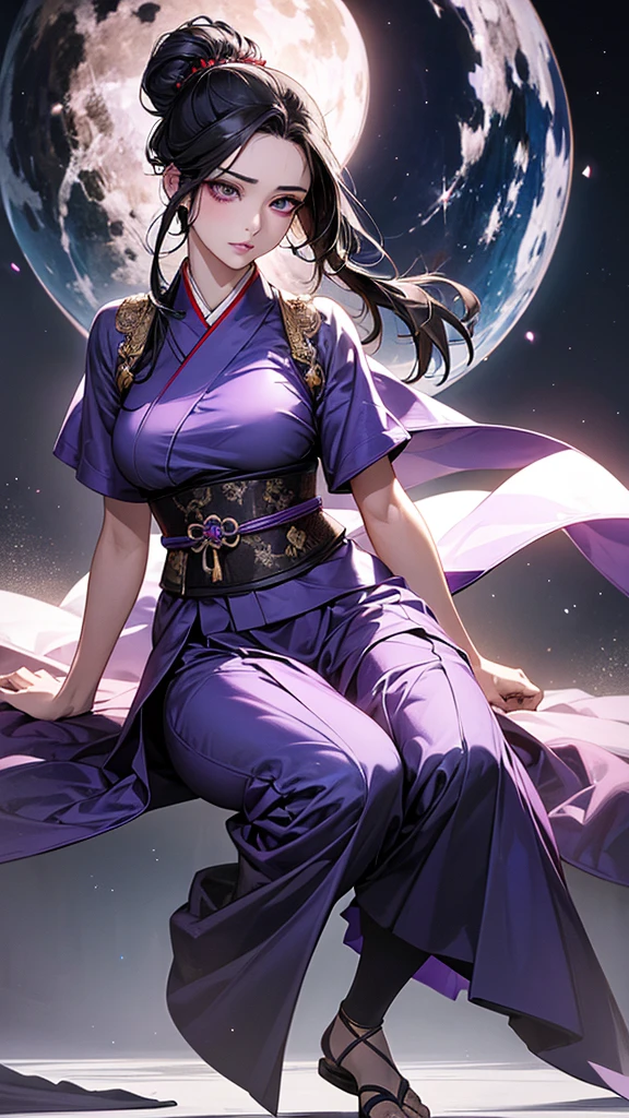 Highest quality, Ultra-high resolution, (Realistic: 1.4), beautiful Eyes, Super beautiful女性,30 years old、Full Body Shot、 beautiful, Warrior, Japanese clothing、Dance、((Black Hair、Updo Hair)),Purple and black tones、ice、beautiful Soldier, Eyes that beckon, Mistress's point of view, Droopy eyes、Attractive look, Sexy smile, Perfect Style, Perfect balance、Large Breasts、 Detailed skin, Mischievous Gaze,beautiful背景