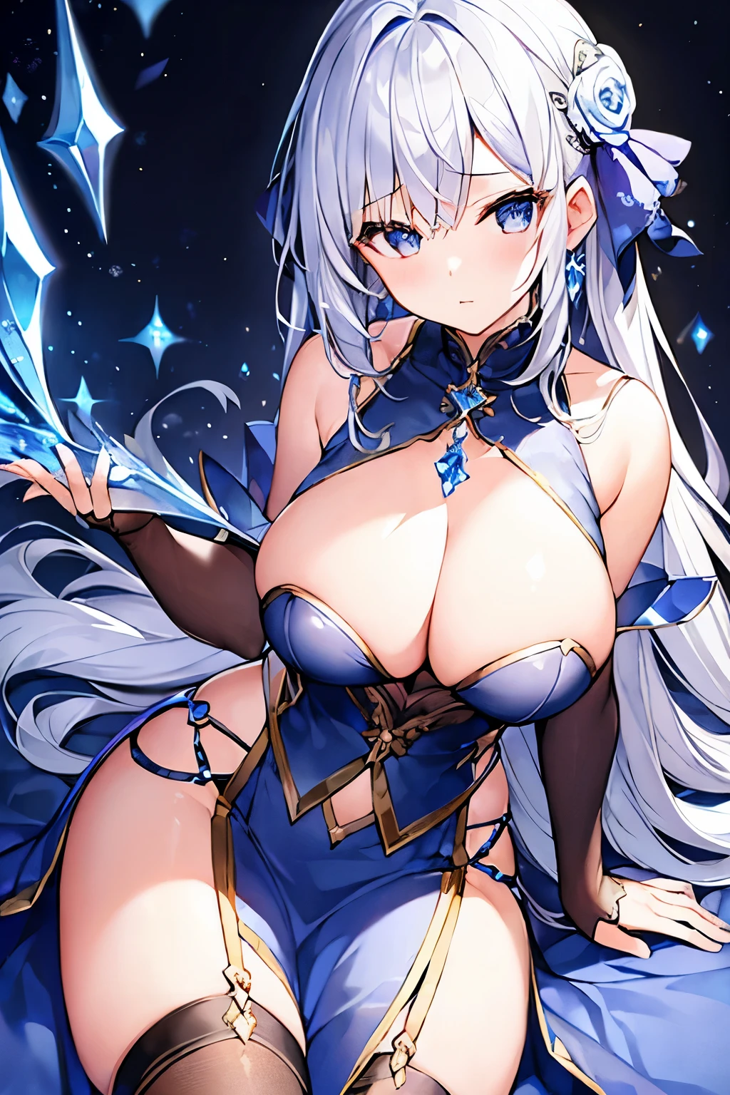 1 girl、Silver Hair、See-through vestments、Fantasy Clothing、(Big slit、mini skirt)、Blue and black decor、Bigger breasts、Chest open、Shoulder Bare、Upper body only、Ice crystals