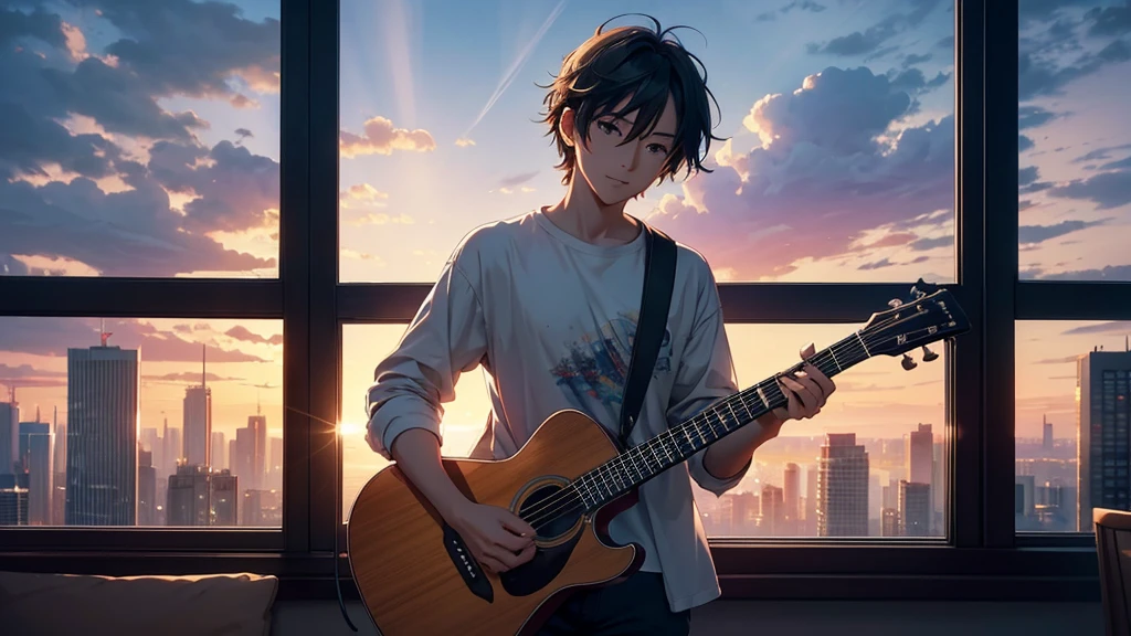 The image should feature an anime character standing by a window with morning light streaming in. The character is wearing a favorite shirt and holding a guitar, looking ready to face the day with a confident and lively expression. The background can show a lively cityscape, transitioning from day to night with city lights flickering as the night rolls in. The character should appear full of life and freedom, symbolizing the themes of the song. Incorporate elements like musical notes and rhythms around the character to emphasize their musical journey. The overall mood should be vibrant, energetic, and hopeful