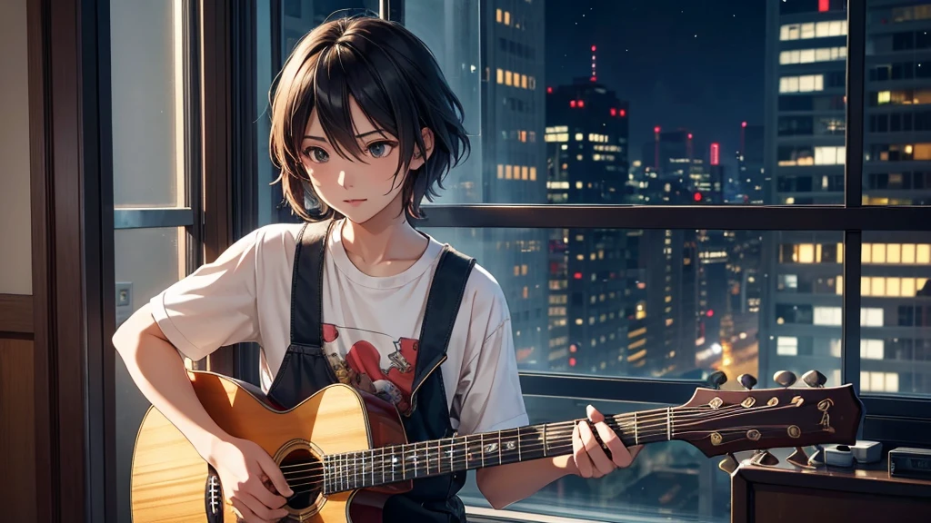 The image should feature an anime character standing by a window with morning light streaming in. The character is wearing a favorite shirt and holding a guitar, looking ready to face the day with a confident and lively expression. The background can show a lively cityscape, transitioning from day to night with city lights flickering as the night rolls in. The character should appear full of life and freedom, symbolizing the themes of the song. Incorporate elements like musical notes and rhythms around the character to emphasize their musical journey. The overall mood should be vibrant, energetic, and hopeful