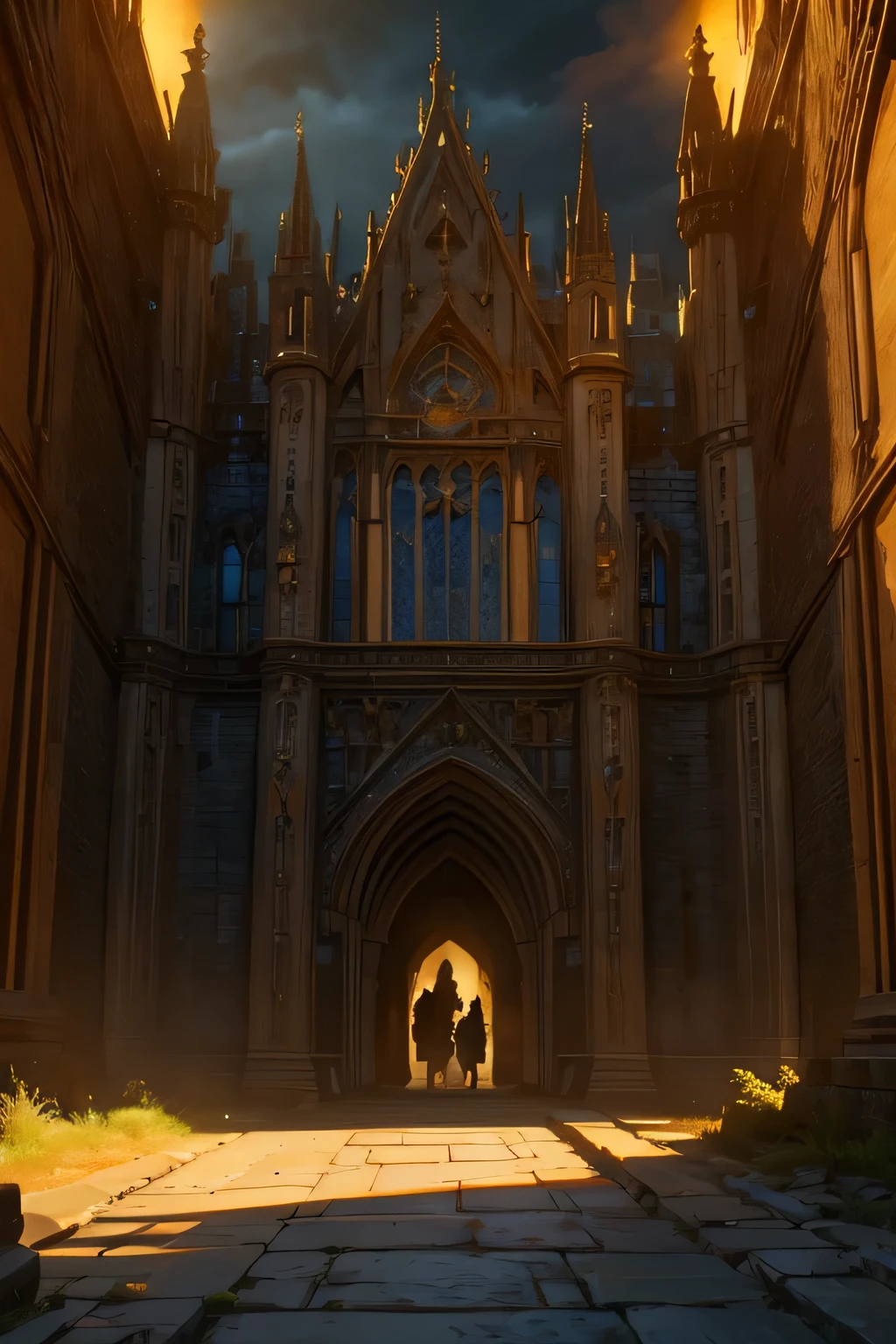 medieval fantasy city gates, pixel art, ornate detailed architecture, intricate stone walls, imposing towers, dramatic lighting, moody atmosphere, mist and fog, cobblestone streets, lanterns, carriages, people in medieval clothing, horses, detailed textures, (best quality,4k,8k,highres,masterpiece:1.2),ultra-detailed,(realistic,photorealistic,photo-realistic:1.37),cinematic composition,dramatic lighting,warm color tones,fantasy landscape