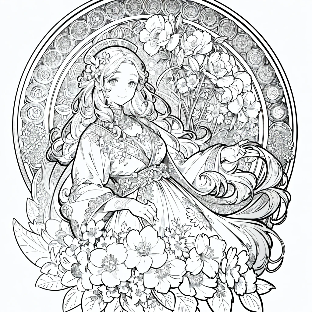 Facial portrait of a smiling Hawaiian woman with long curly hair, therefore, Floral frame, Decorative Panel, Abstract Art of Alphonse Mucha, sketchfab, Character dialogue and scenes without color or shadow.
(First Job, Highest quality, High resolution: 1.4), detailed, 複雑なdetailed, 4K, , Line art, Fibonacci,
