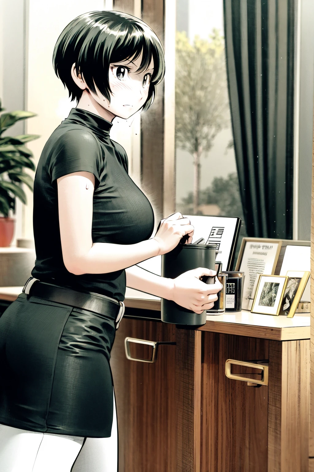 、(masterpiece、Highest quality)、Highest quality, Ultra-high resolution, (((masterpiece))), alone, Sweat、Big eyes,Tight black shirt、Tight white pants、belt、indoor、Composition from the front、(Cut the back hair short、short hair、blonde、woman)、Shortcuts、Embarrassed face、Cut your hair short、可愛いwomanの子、Big Breasts、office
