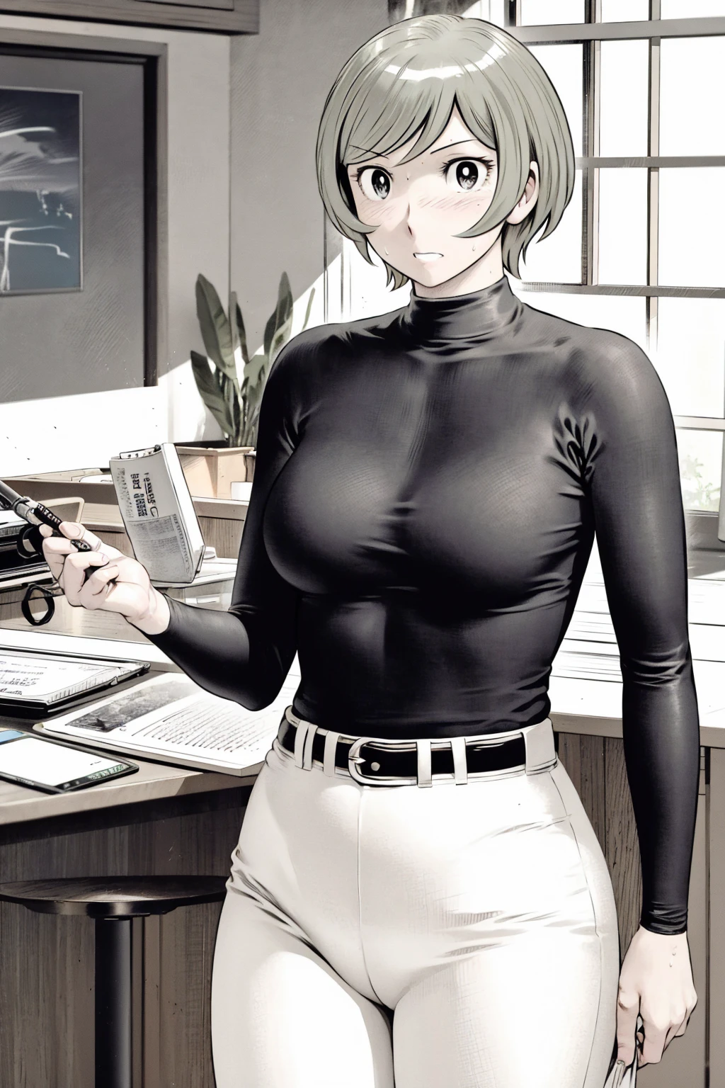 Areola,naked,nude,topless,Arms crossed,Black Hair,Black-rimmed glasses,Japanese,Square Glasses,Operate a computer with a flow chart displayed,girl,Nipples,上半身naked,Areola,Armpit,Small breasts,Beige chinos,No clothes,Bobcut,Gold Necklace,Leather Belt,Left hand watch,clavicle,Areola