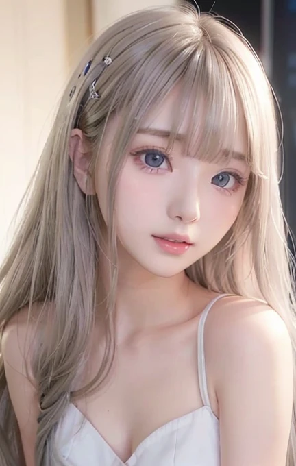 silver shiny hair, super long straight silky hair, dazzling blonde super long silky hair, cute little beautiful face of 16 years old, beautiful girl, sparkling blonde dancing in front of her cute face, long silky bangs covering the space between her eyes, very beautiful, bright, large, bright blue eyes, very big eyes, hair hiding her face, sexy cute young woman with super long bangs, very white skin, cheek gloss highlighter, small beautiful face, round face, ample bust, nipples, embarrassed face, Light pink small nipples