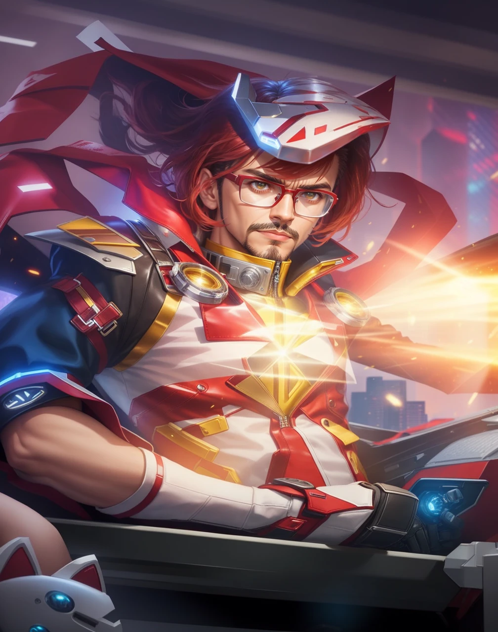 there is a man in a red leather jacket and glasses, hero pose colorful city lighting, iron man, full portrait of electromancer, wearing cyberpunk leather jacket, inspired by Raymond Han, inspired by Max Magnus Norman, cyberpunk suit, cyborg fashion shot, cyber future jacket, cyber suit, cinematic outfit photo, professional cosplay, wearing Tony stark jacket