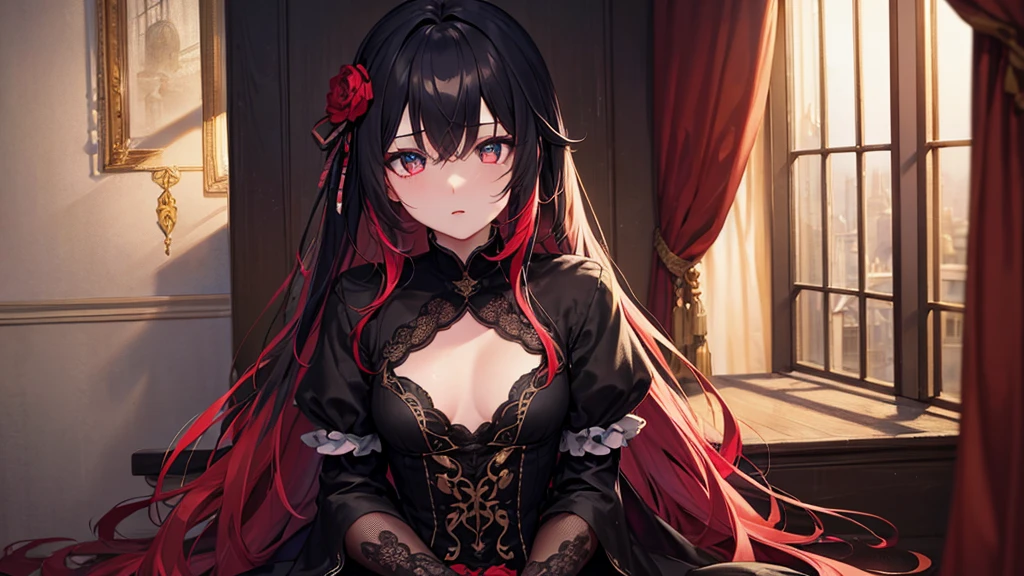 Highest quality, 8K, 4K, High resolution, High Contrast, The upper body is visible,1girl,only,Beautiful and colorful hair,Half Up Hair,(Beautifully detailed face), Red, clear eyes, beautiful eyes, Slanted Eyes,２０generation, Small breasts, night, The clothes are mainly black, Sitting, god々Old castle