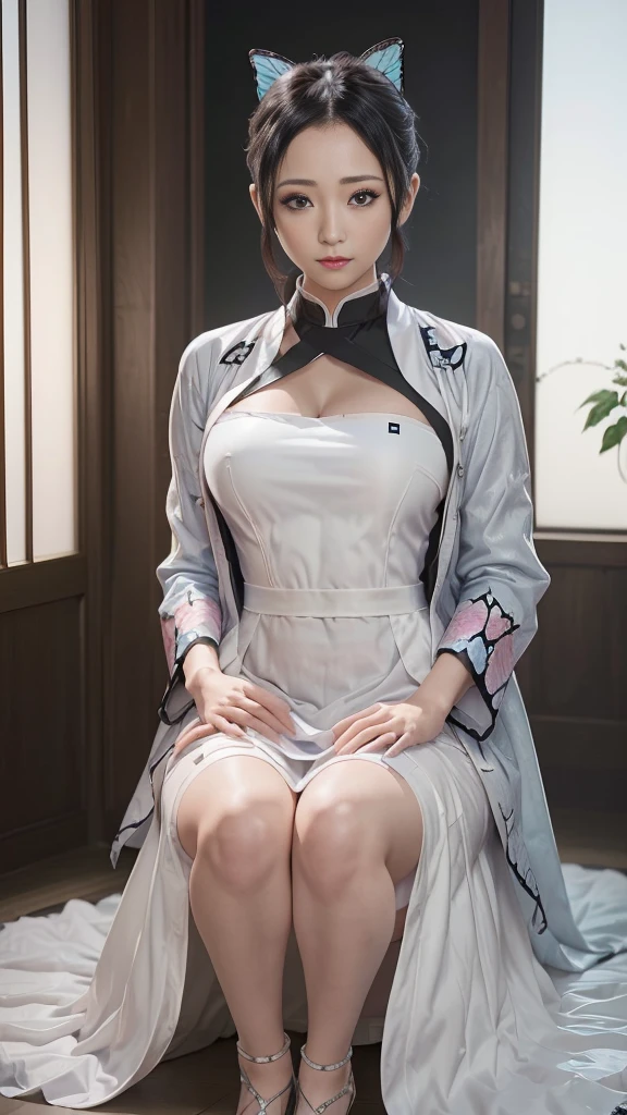 Tolerate, Demon slayer, Shinobu Kocho, anime, 32 years old, ((Butterfly themed costume, A black haori coat with a butterfly pattern, Brown full-body military uniform)), ((Tolerateコスプレ)), ((A very cute caucasian 32 years old mom cosplaying shinobu), ((Blur the background)), 1 Girl, Wide range photograph撮影, Wide range, (Mature Woman), Long and beautiful face, Clear Face, Realistic Face, True Face, Absolute reality, ((Hot body)), ((Demon slayer dress)), ((Demon slayer)), ((Tolerateドレス)), ((Cosplay Dresses)), Huge , Covered, (((Realistic))), ((Dress neatly)), waist curve pose, surface side, (8K, RAWphotograph, Highest quality, masterpiece), (Realistic, Realistic: 1.9), ((Full Body Shot)), Stylish pose, ((Highly detailed skin: 1.2)), ((Realistic: 1.9)), photograph, masterpieces, Highest quality, (Beautiful Blue Eyes, Gorgeous pale gray black curly hair, White skin, Thick body, Coarse hairs on lower abdomen, perfect slim figure), Various poses, Highly detailed face, Fine grain, Many people are looking at her with excitement., (((close))), Light of the sun, Cinematic, ((photograph撮影)), photograph