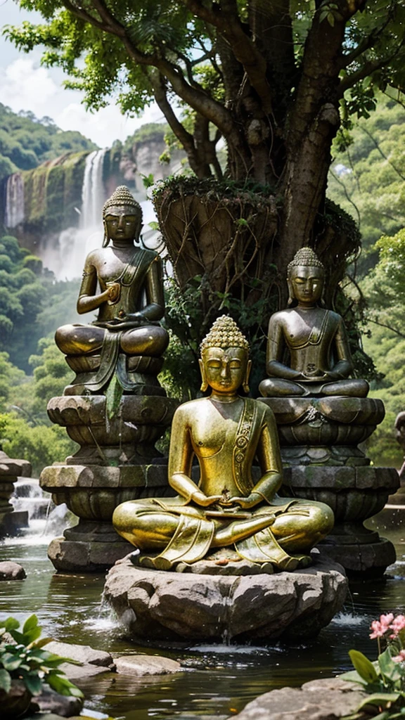 A serene Buddha statue sits in meditation under a tree, surrounded by a seven-headed Naga. In the background, there are waterfalls and lush green mountains. The scene is filled with colorful flowers and various trees. The Naga heads are positioned in a protective stance with fierce expressions. The overall atmosphere is tranquil and sacred.