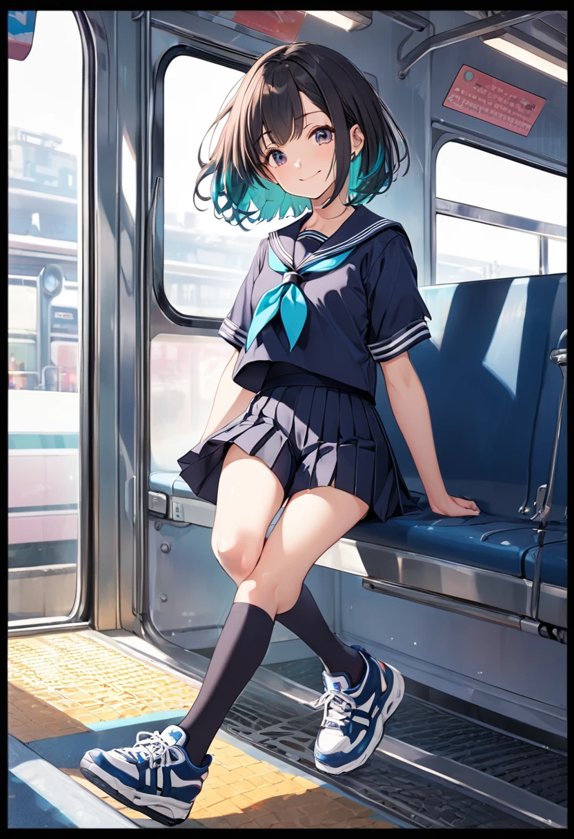 BREAK Perfect Anatomy、(High resolution:1.2)、Incredible illustrations、(Cute illustrations:1.2)、
（Beautiful background（on the train))
 1little girl(multicolored hair,short hair)
1girl((a girl, 1.5meters, 35kg,18 years old female, ((serafuku,pleated skirt,border shorts
,thigh-high socks, sneakers),tilting head,light smile