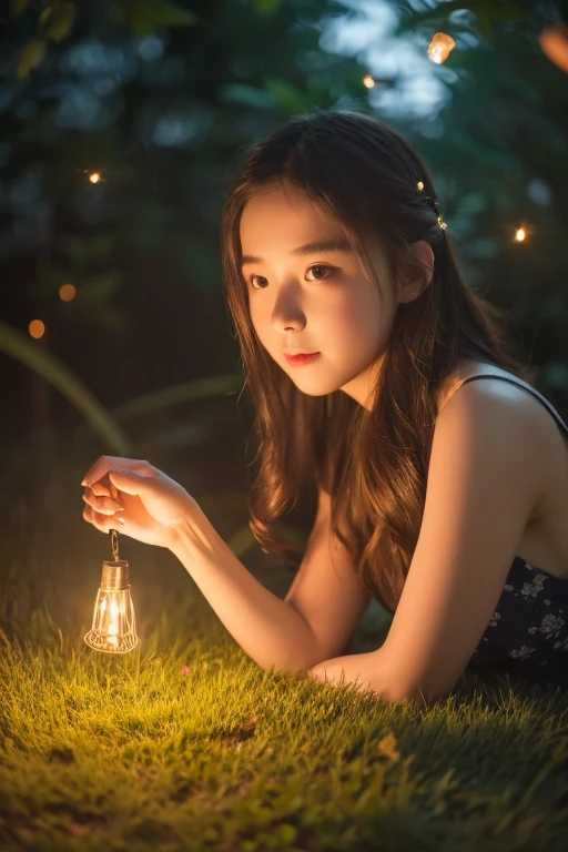 (8K, Highest quality, masterpiece: 1.2), (Realistic, photoRealistic: 1.37), Super detailed, One Girl, Wide viewing angles, Firefly Garden, Lots of little faint lights and fireflies flying around, night