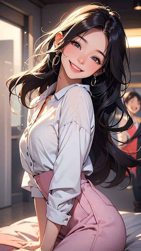 Mature Woman,(1 person), (((LOL))),With a happy smile, She expressed her joy, shirt,Long Hair,Cute smile, With a beautiful smile,( Happy and cheerful expression), And she laughs,very happy, (masterpiece、Highest quality)、Best details,Blurred background