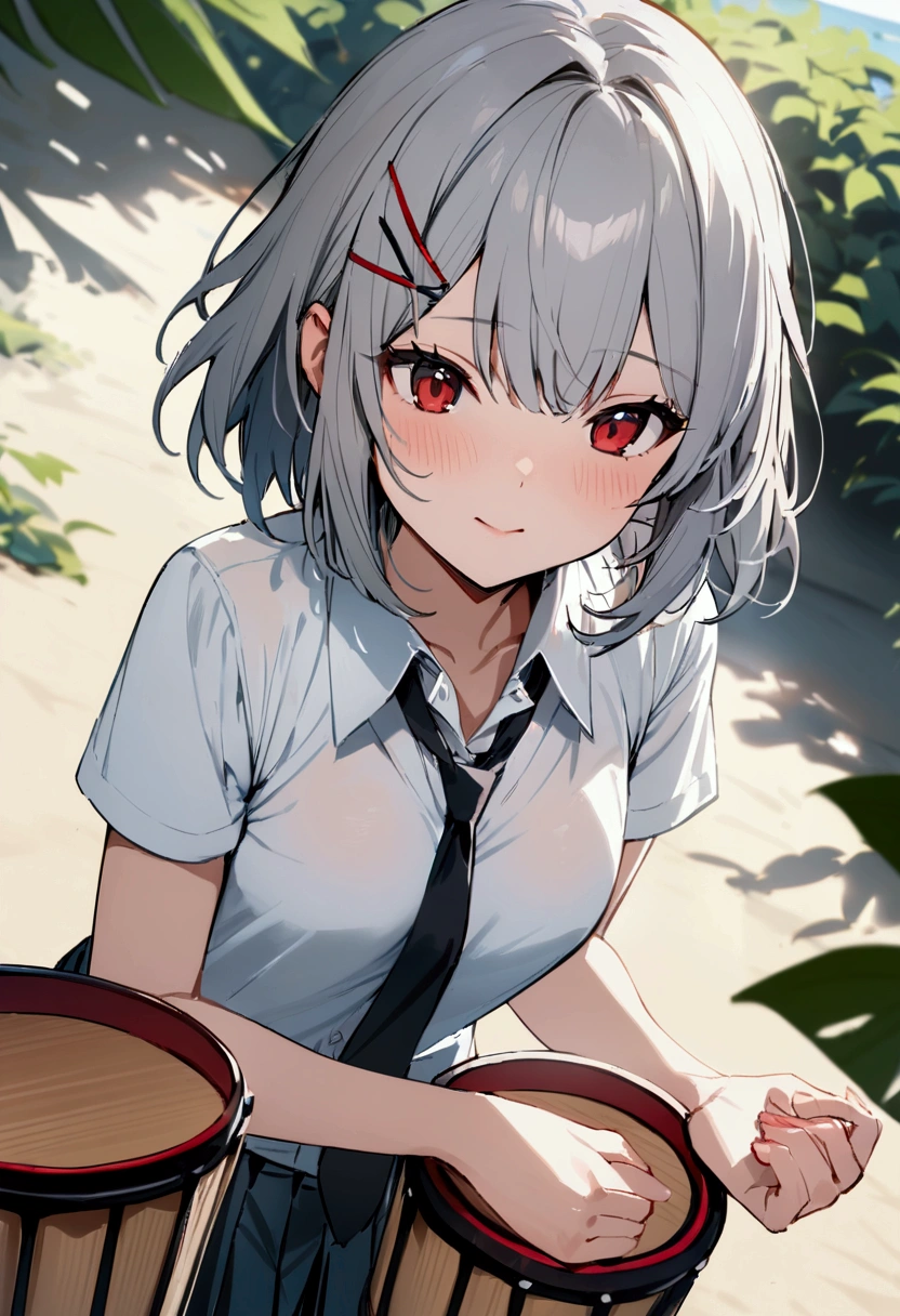 short hair, (Gray Hair:1.2), X Hair Ornament, Red eyes,tie, girl,One person, Collared shirt, White shirt, Short sleeve, Pleated skirt, student, Highest quality, masterpiece, High resolution, summer,Playing the bongos、