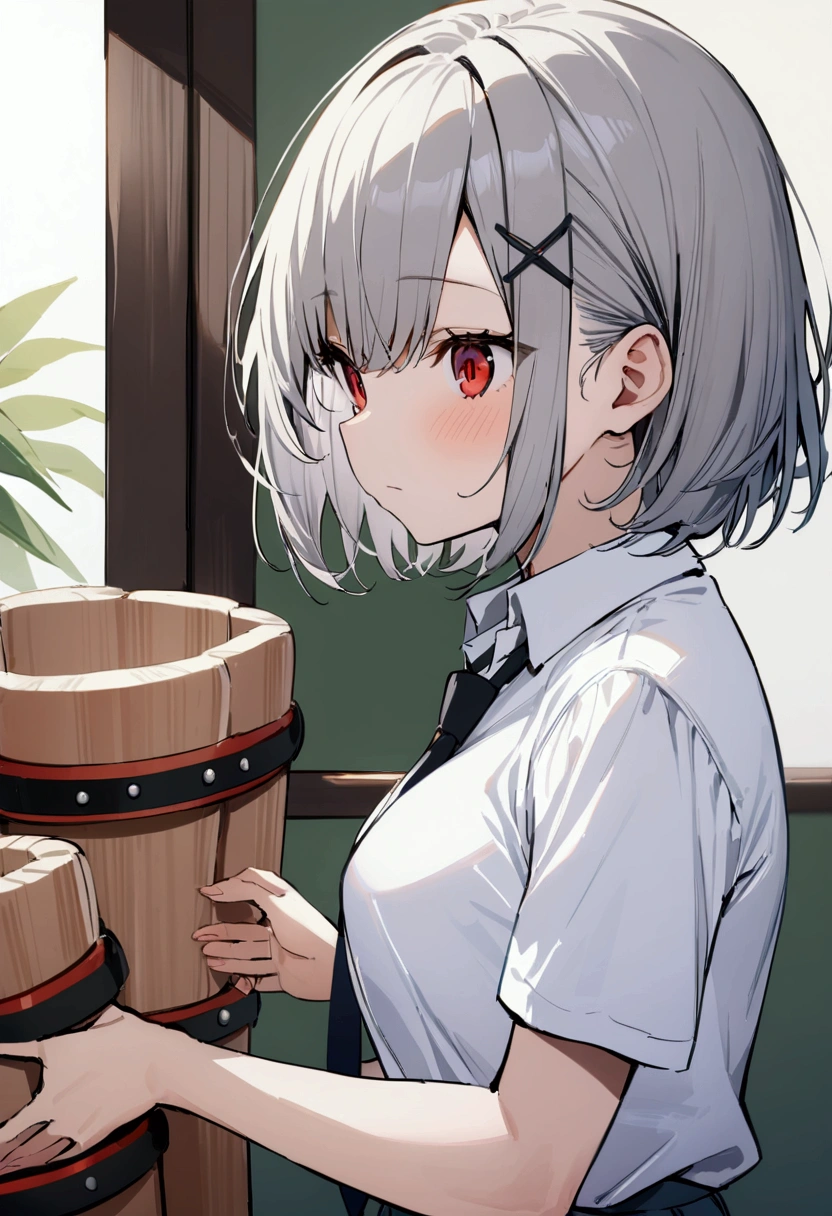 short hair, (Gray Hair:1.2), X Hair Ornament, Red eyes,tie, girl,One person, Collared shirt, White shirt, Short sleeve, Pleated skirt, student, Highest quality, masterpiece, High resolution, summer,Playing the bongos、