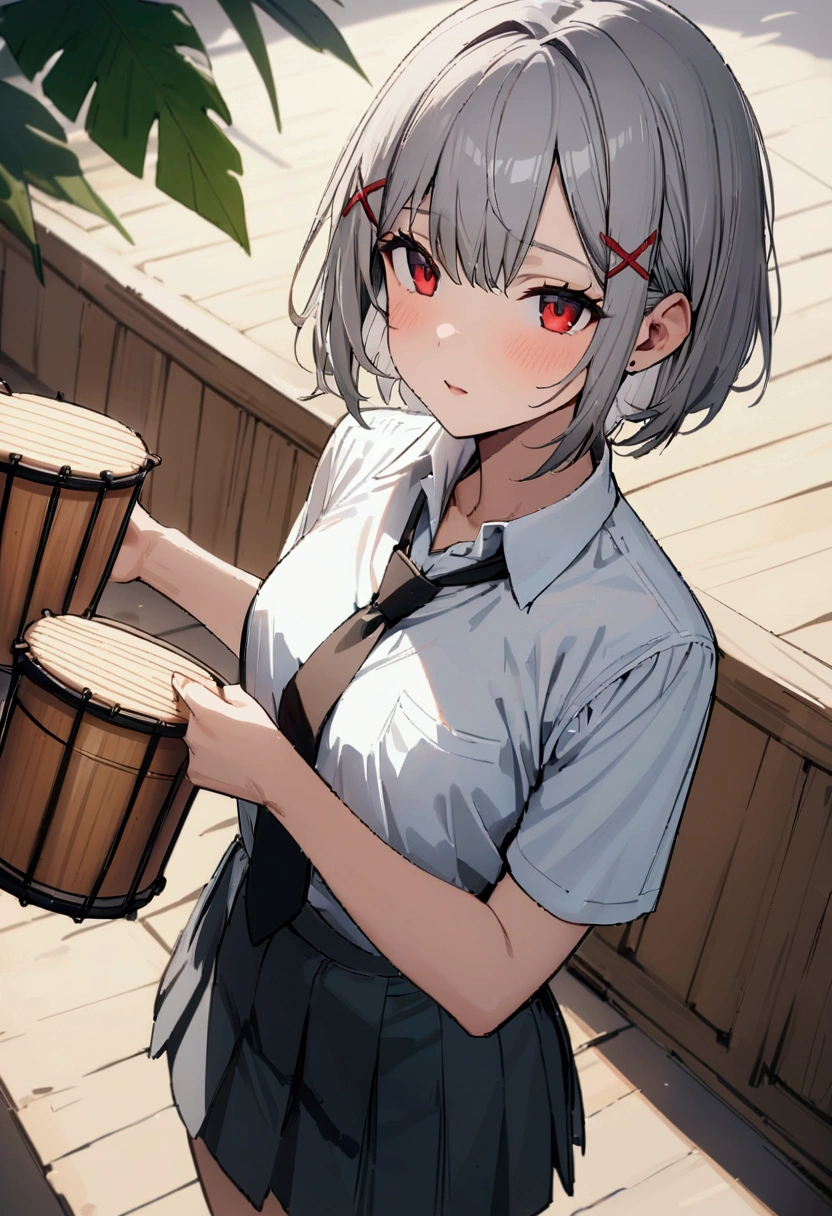 short hair, (Gray Hair:1.2), X Hair Ornament, Red eyes,tie, girl,One person, Collared shirt, White shirt, Short sleeve, Pleated skirt, student, Highest quality, masterpiece, High resolution, summer,Playing the bongos、