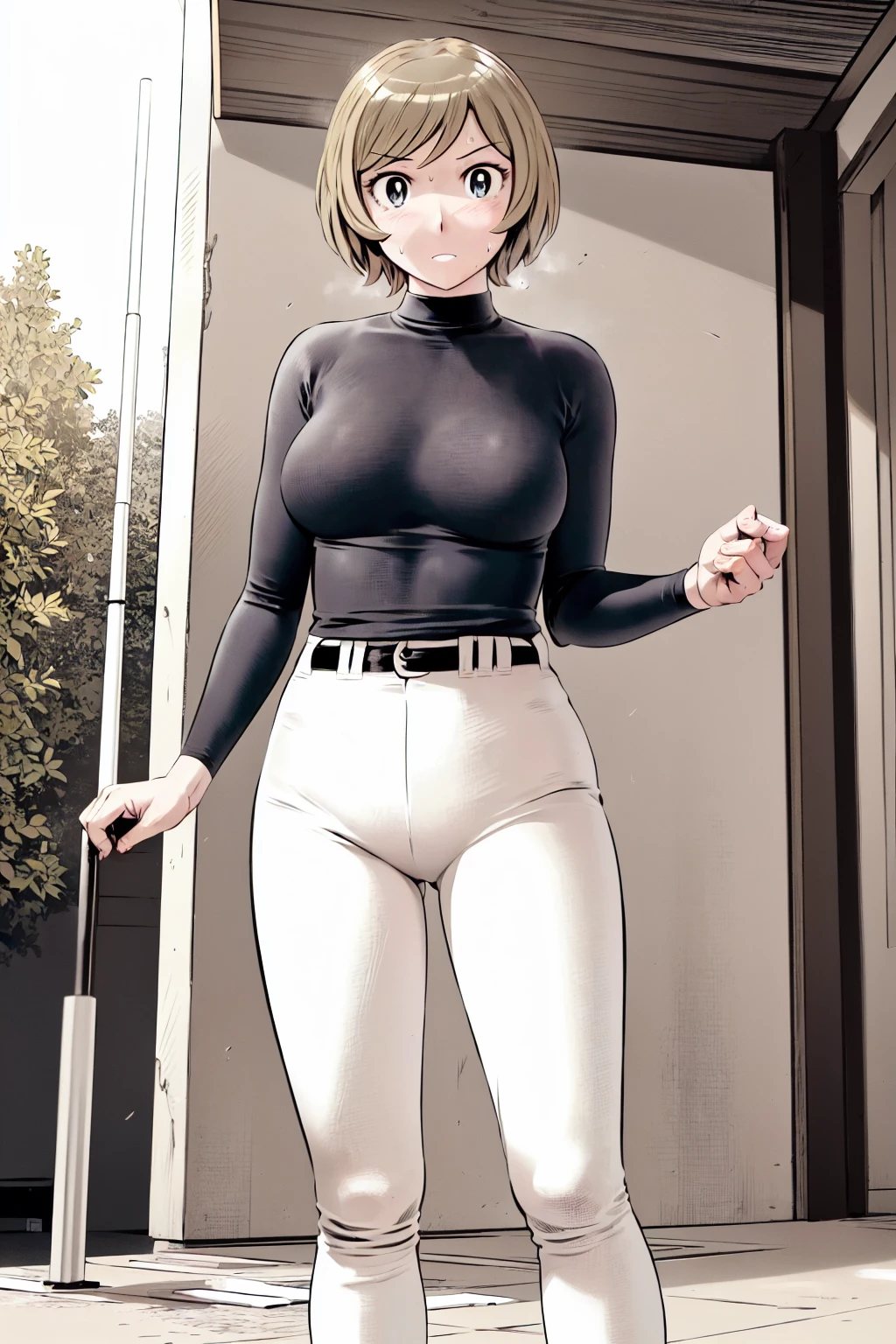 (野球uniform:1.2),
blonde, (short hair:1.2),Long sleeve, Black Shirt, turtleneck,White trousers、uniform、Black belt、((People illustrations))、big 、
View your audience,, (Highest quality:1.3),One Girl, White pants、uniform、Outdoor、baseball ground、ground、soil、blue eyes、Tight black shirt、(masterpiece、Highest quality)、Highest quality, Ultra-high resolution, (((masterpiece))), alone, Sweat、big eyes、big Breasts、Torn clothes、 Fully exposed、Nipples、One Girl, Front view、Embarrassed face、Bronze colored hair、((short hair))、Stand up straight、Cowboy Shot