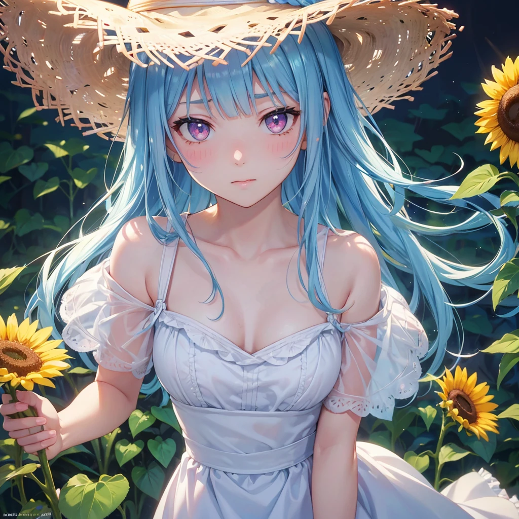 Sky blue hair,braid,(Pink Eyes),Fair skin ,(whole body),(One girl),buzzer,Sunflower field,White dress,blunt bangs,Wiping away sweat,wink,Straw hat,(masterpiece, Highest quality, Very detailed, Best Shadow), (Detailed Background), (Beautifully detailed face), High Contrast, (Best lighting, Very delicate and beautiful), ((Cinematic Light)), colorful, Hyper Detail, Dramatic Light, Intricate details,buzzerの暑い日差し,