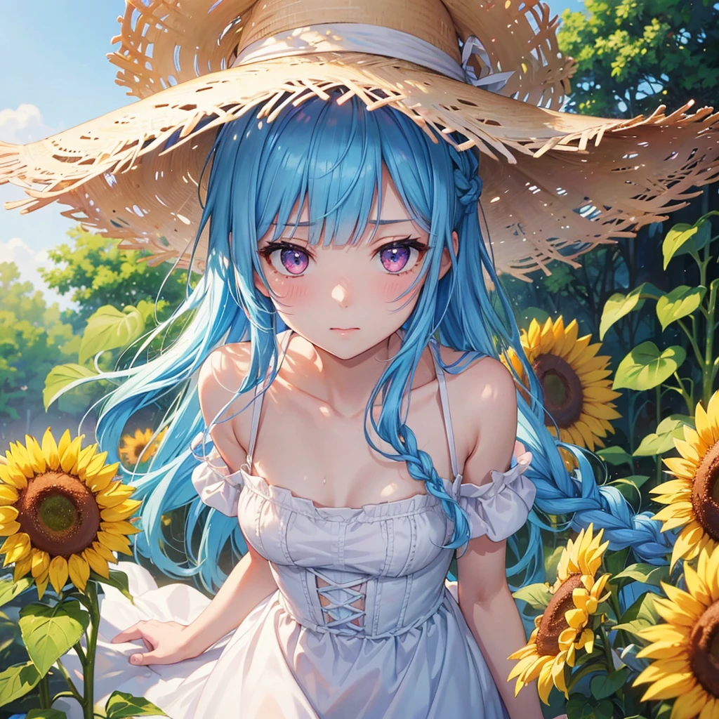 Sky blue hair,braid,(Pink Eyes),Fair skin ,(whole body),(One girl),buzzer,Sunflower field,White dress,blunt bangs,Wiping away sweat,wink,Straw hat,(masterpiece, Highest quality, Very detailed, Best Shadow), (Detailed Background), (Beautifully detailed face), High Contrast, (Best lighting, Very delicate and beautiful), ((Cinematic Light)), colorful, Hyper Detail, Dramatic Light, Intricate details,buzzerの暑い日差し,