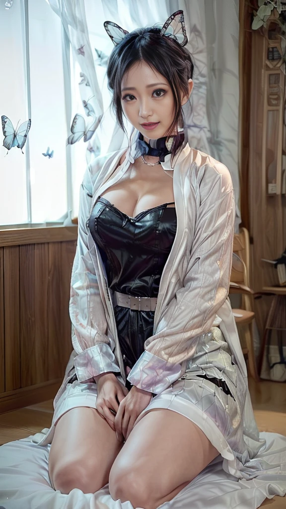 Tolerate, Demon slayer, Shinobu Kocho, anime, 32 years old, ((Butterfly themed costume, A black haori coat with a butterfly pattern, Brown full-body military uniform)), ((Tolerateコスプレ)), ((A very cute caucasian 32 years old mom cosplaying shinobu), ((Blur the background)), 1 Girl, Wide range photograph撮影, Wide range, (Mature Woman), Long and beautiful face, Clear Face, Realistic Face, True Face, Absolute reality, ((Hot body)), ((Demon slayer dress)), ((Demon slayer)), ((Tolerateドレス)), ((Cosplay Dresses)), Huge , Covered, (((Realistic))), ((Dress neatly)), waist curve pose, surface side, (8K, RAWphotograph, Highest quality, masterpiece), (Realistic, Realistic: 1.9), ((Full Body Shot)), Stylish pose, ((Highly detailed skin: 1.2)), ((Realistic: 1.9)), photograph, masterpieces, Highest quality, (Beautiful Blue Eyes, Gorgeous pale gray black curly hair, White skin, Thick body, Coarse hairs on lower abdomen, perfect slim figure), Various poses, Highly detailed face, Fine grain, Many people are looking at her with excitement., (((close))), Light of the sun, Cinematic, ((photograph撮影)), photograph