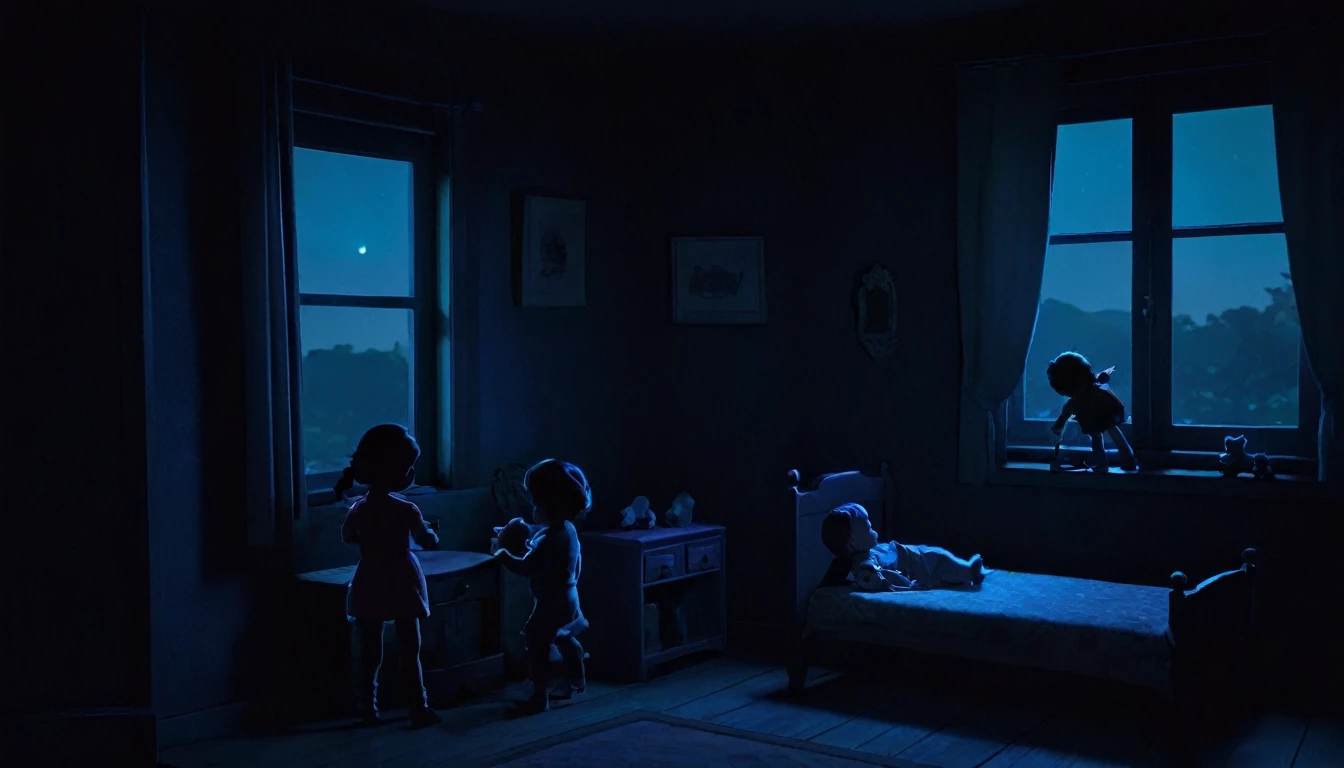 A bedroom in a simple house in the dark, there are 2 silhouettes of children playing with dolls at night.