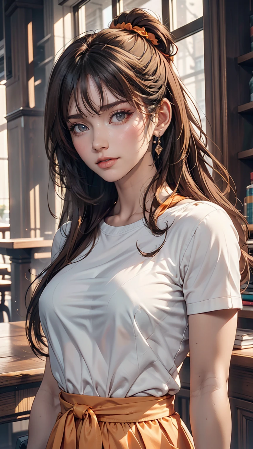 Asian, beautiful, thin, cute, 30th Generation, beautiful Face, beautiful Skin, actress, mature, Upper Body, Light brown hair, thin髪, Live Action, masterpiece, Highest quality, Highly detailed CG Unity 8K wallpaper, Ultra-high resolution, Casual Fashion, Lighting, Summer Fashion, (Natural brown hair: 0.8), (Puffy eyes), Watch the audience, turn around, Bleached Hair, Model pose, White Background, Delicate skin types, Light curly hair, Put your hands around your mouth, White T-shirt, Hair model photo、Twin tails、Orange gradient color、Scrunchies on the wrist、