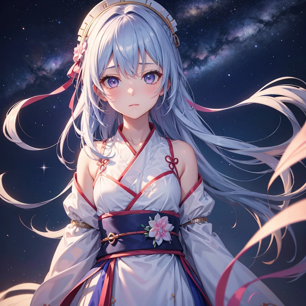 Sky blue braid,Pink Eyes,Fair skin ,(whole body),(One girl),Hanfu,Tanabata,(The beautiful, sparkling Milky Way in the night sky),Lonely Eyes,,(masterpiece, Highest quality, Very detailed, Best Shadow), (Detailed Background), (Beautifully detailed face), High Contrast, (Best lighting, Very delicate and beautiful), ((Cinematic Light)), colorful, Hyper Detail, Dramatic Light, Intricate details,