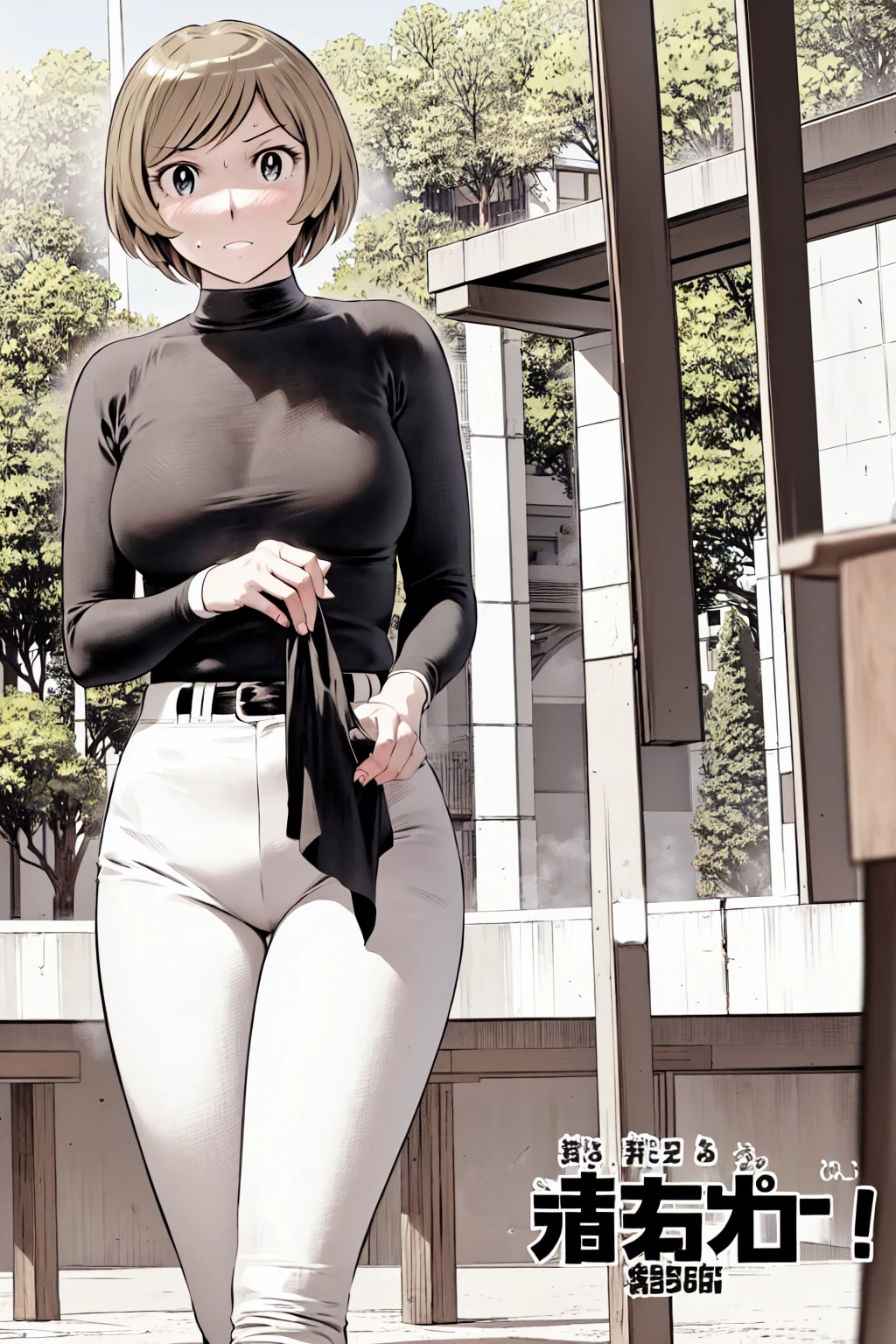 (野球uniform:1.2),
blonde, (short hair:1.2),Long sleeve, Black Shirt, turtleneck,White trousers、uniform、Black belt、((People illustrations))、big 、
View your audience,, (Highest quality:1.3),One Girl, White pants、uniform、Outdoor、baseball ground、ground、soil、blue eyes、Tight black shirt、(masterpiece、Highest quality)、Highest quality, Ultra-high resolution, (((masterpiece))), alone, Sweat、big eyes、big Breasts、Torn clothes、 Fully exposed、Nipples、One Girl, Front view、Embarrassed face、Bronze colored hair、((short hair))、Stand up straight、Cowboy Shot