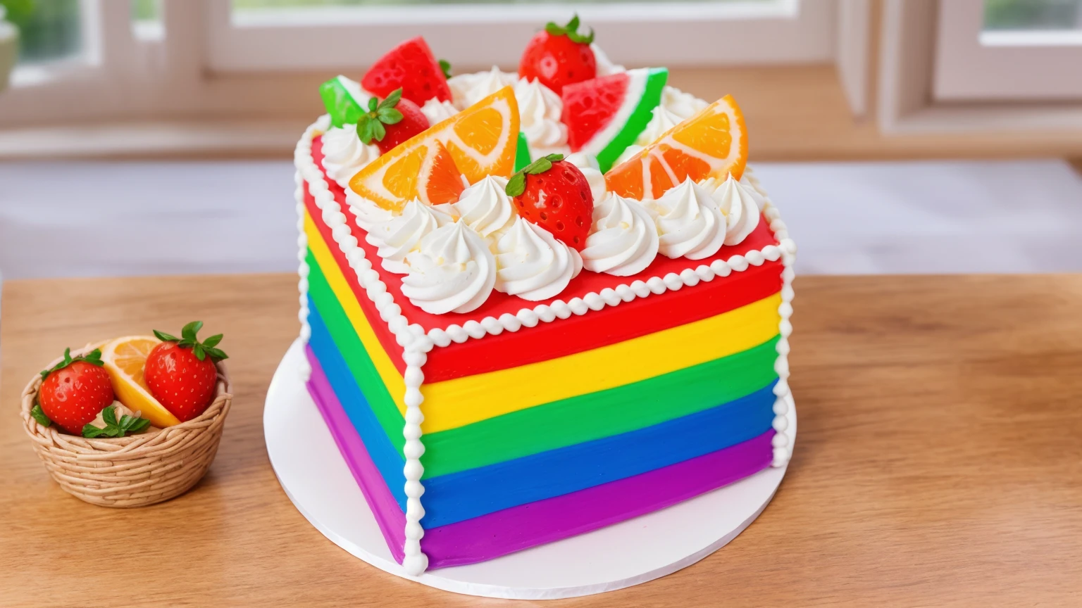 on a wooden table, white plate, a tiny cream rainbow cake, with cream lines drawn on its edges, white cream swirls, tiny strawberries, oranges and watermelon slices made of polymer clay on the cake, window light, bright lights, soft light, window light, professional lighting, light from the window, neat light, realistic texture, realistic style, detailed texture, high quality, high resolution, high quality rendering, realistic photo, brightning light, macro photo