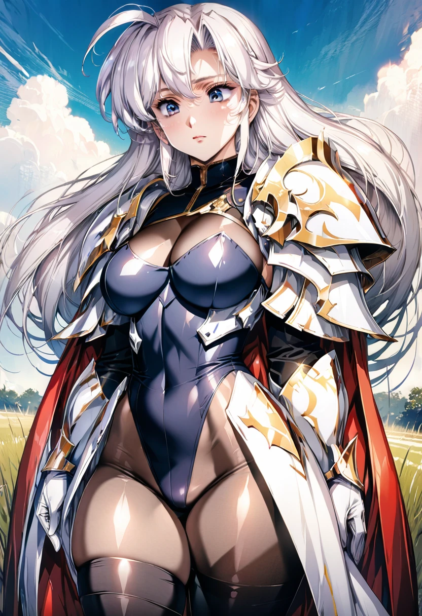 ((highest quality)), ((masterpiece)), ((hyperrealistic)), (detailed background), anime style, 1girl, ((curvy: 1.2)), (looking down:1.4), kawaii, paladin, ((racing lame leotard)), ((catsuit leotard)), (paladin armor), (breastplate armored dress), cloak de cour, gauntlet, gloves, white hair, ahoge, (large breasts), (see-through cleavage cutout), (zettai ryouiki black thigh high socks), (see-through pantyhose thighs), (pantyhose groin area), beautiful eyes, perfect face, Perfect hands, perfect fingers, Blue sky and grassland,