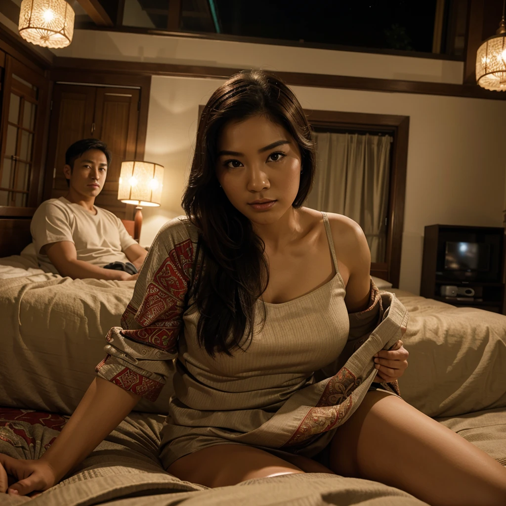 a beautiful woman with a handsome asian man, wear piyama, atraktif, fullview bedroom in the night, romantic vibe