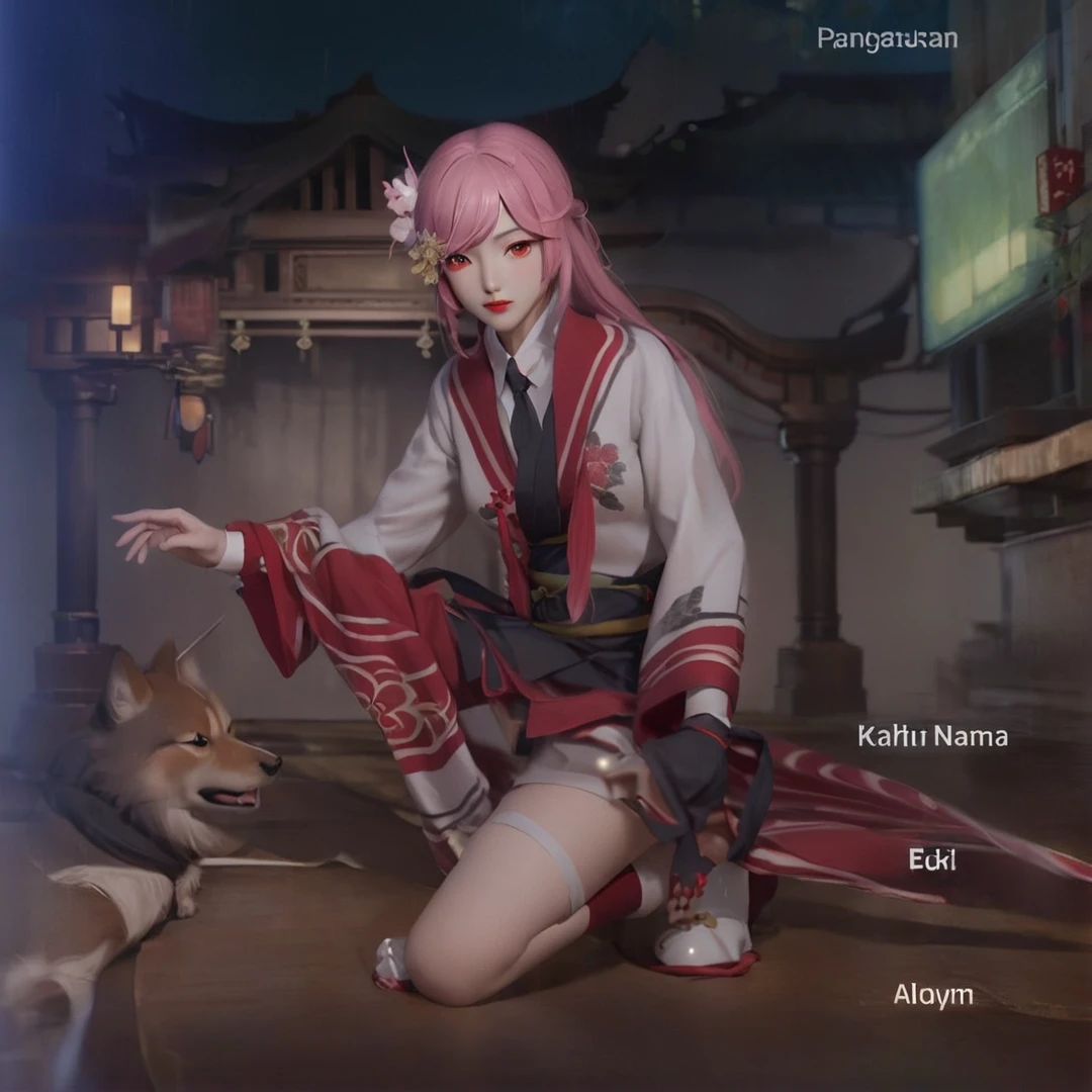 i want the whole image to be created in 3D anime style, 1girl, solo, long hair, looking at viewer, bangs, black hair, red eyes, hair between eyes, upper body, parted lips, japanese clothes, kimono, blurry, from side, lips, depth of field, blurry background, floral print, realistic, red lips, vampire