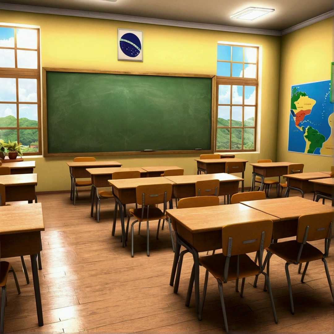 Create an image of a Brazilian classroom anime version.