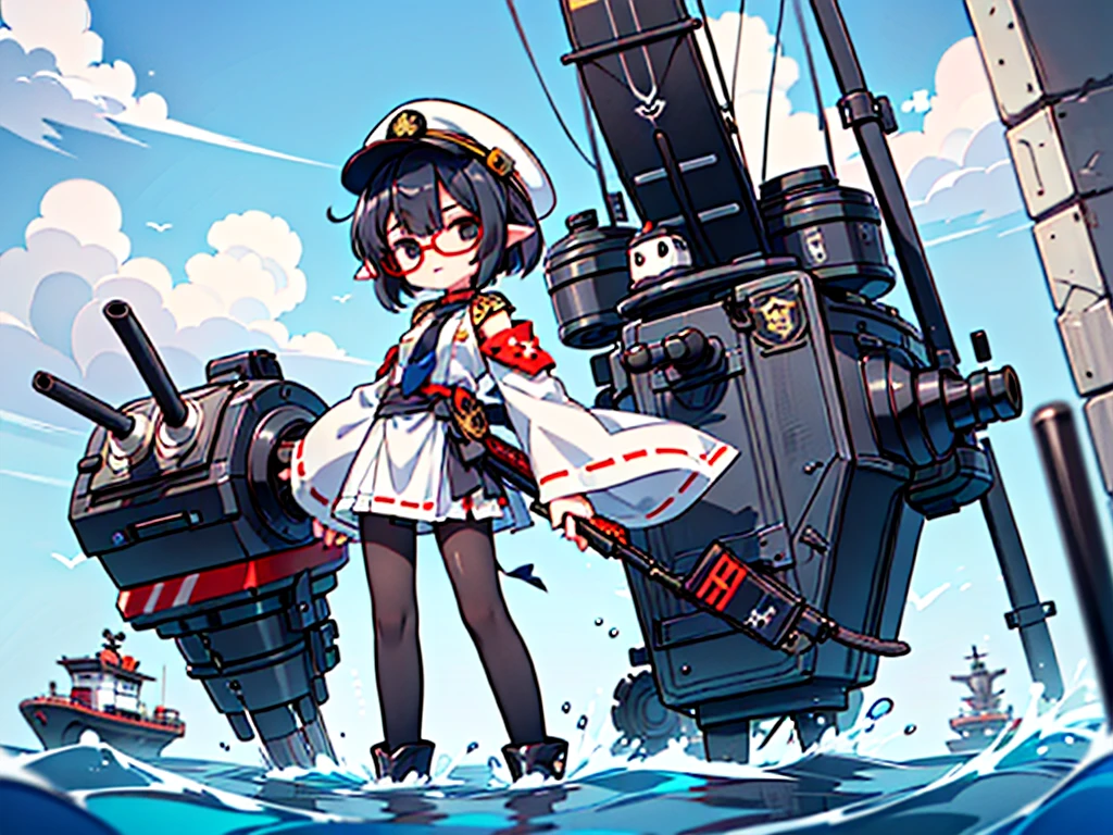 (((masterpiece, Vision))), ((((Full body of a woman with perfect flat chest、1 Female、solo、Short unkempt black hair、Tie your messy hair at the nape of your neck、white military jacket、Miko costume、black tights、Black glasses are black、White military cap、Cloudy black eyes、Confused eyes、Junyo-inspired emblem)))), (((Shipgirl))), ((Floating on the morning sea with both feet)), (Standing with your legs apart)), Aim, (Hold the shotgun turret grip with your right hand), (Four mechanical tentacles covered in white armor extend from its back.), (Machine tentacles holding a machine gun), (Equipped with a bridge on the back), (His left arm holds the grip of a triple machine gun),
