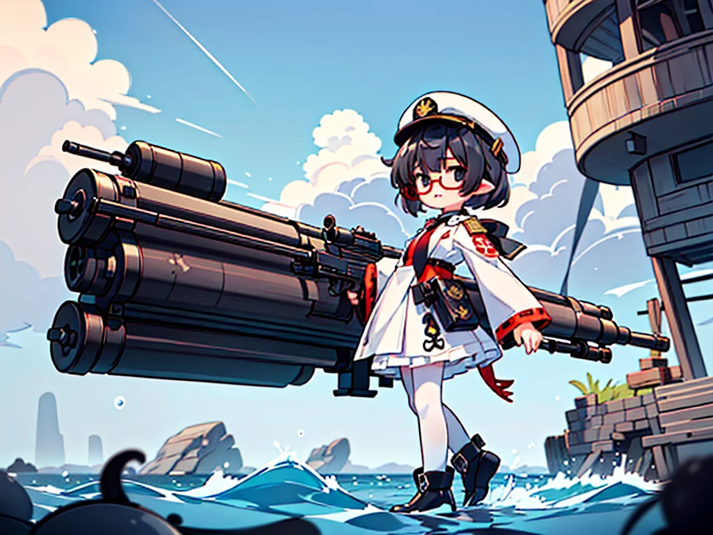 (((masterpiece, Vision))), ((((Full body of a woman with perfect flat chest、1 Female、solo、Short unkempt black hair、Tie your messy hair at the nape of your neck、white military jacket、Miko costume、black tights、Black glasses are black、White military cap、Cloudy black eyes、Confused eyes、Junyo-inspired emblem)))), (((Shipgirl))), ((Floating on the morning sea with both feet)), (Standing with your legs apart)), Aim, (Hold the shotgun turret grip with your right hand), (Four mechanical tentacles covered in white armor extend from its back.), (Machine tentacles holding a machine gun), (Equipped with a bridge on the back), (His left arm holds the grip of a triple machine gun),