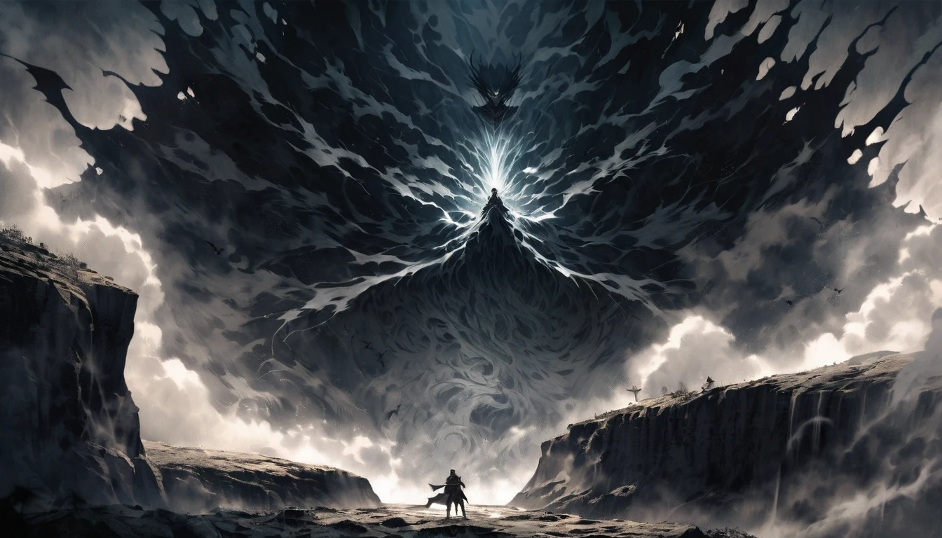 Create an anime-style image inspired by the following song lyrics. The image should feature at least one anime character standing on the edge of a cliff, staring into an abyss with mist swirling around. The character should have a determined expression, symbolizing their struggle and resilience. Scars or other signs of past battles should be visible on the character. In the background, incorporate elements of a dark, stormy environment, possibly with shadows or demons lurking to represent inner demons. The overall theme should convey a sense of rising above challenges and finding strength and redemption. Ensure the image captures a mix of darkness and hope, reflecting the themes of the song