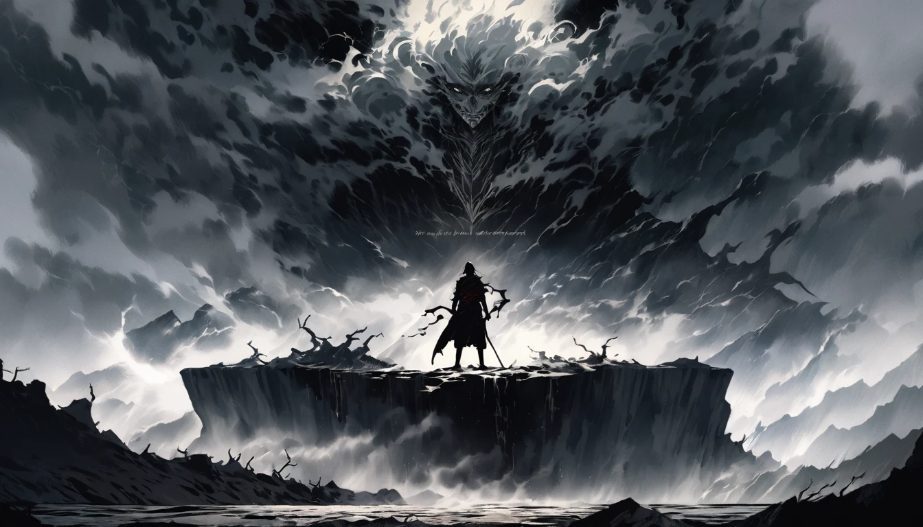 Create an anime-style image inspired by the following song lyrics. The image should feature at least one anime character standing on the edge of a cliff, staring into an abyss with mist swirling around. The character should have a determined expression, symbolizing their struggle and resilience. Scars or other signs of past battles should be visible on the character. In the background, incorporate elements of a dark, stormy environment, possibly with shadows or demons lurking to represent inner demons. The overall theme should convey a sense of rising above challenges and finding strength and redemption. Ensure the image captures a mix of darkness and hope, reflecting the themes of the song