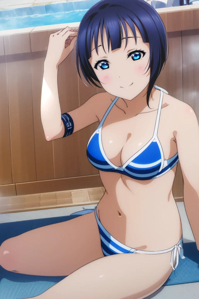 (((pixel-perfect, detail-perfect))), solo, 1girl, Karin asaka, smile, eyes azzur, hair blue, sauna, armpit, bikini, large extreme filesize, ultra High Qality