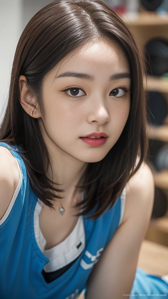 Highly detailed CG unity 8k wallpaper, of the highest quality, Super detailed, masutepiece, Realistic, photographrealistic, extremely detailed cute girl, 25yo, cleavage , (perspired) , Round eyes, peeping at the viewer, Blush, Smile, parted lip, Semi-body shot , Realistic、track suit、Realistic reproduction with vests , Panties , Squat, sports gym