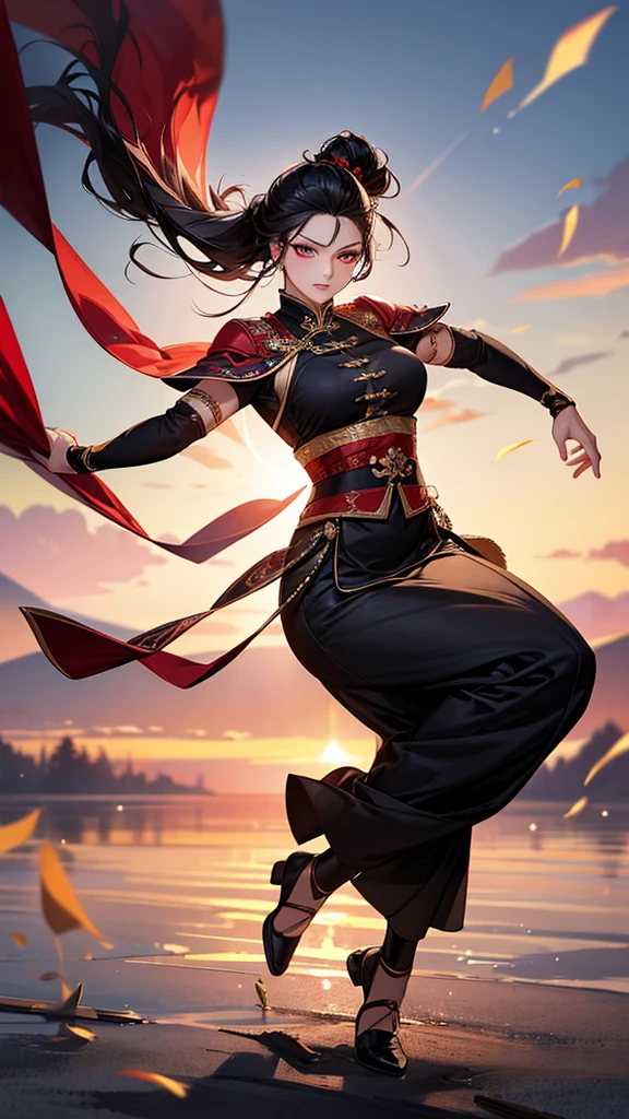 Highest quality, Ultra-high resolution, (Realistic: 1.4), beautiful Eyes, Super beautiful女性,30 years old、Full Body Shot、 beautiful, Warrior, Chinese style、Dance、((Black Hair、Updo Hair)),Red tones、inflammation、beautiful Soldier, Eyes that beckon, Mistress&#39;s point of view, Droopy eyes、Attractive look, Sexy smile, Perfect Style, Perfect balance、Large Breasts、 Detailed skin, Mischievous Gaze,beautiful背景