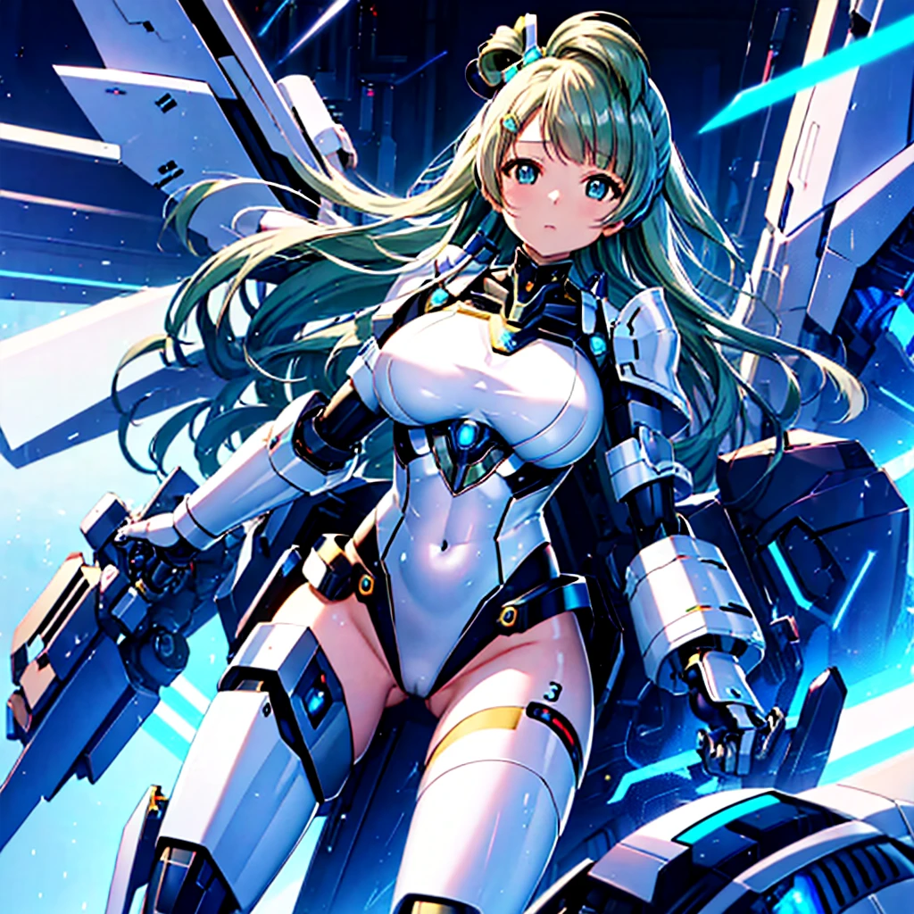 masterpiece, high quality, During a modification operation on the operating table at the Mechanization Laboratory、Minami Kotori, who has been turned into a mechanical body cyborg、Gynoid cyborg body modification surgery、Blue and white leotard armor、A precisely mechanized body、Single image、from the front,Put the whole body